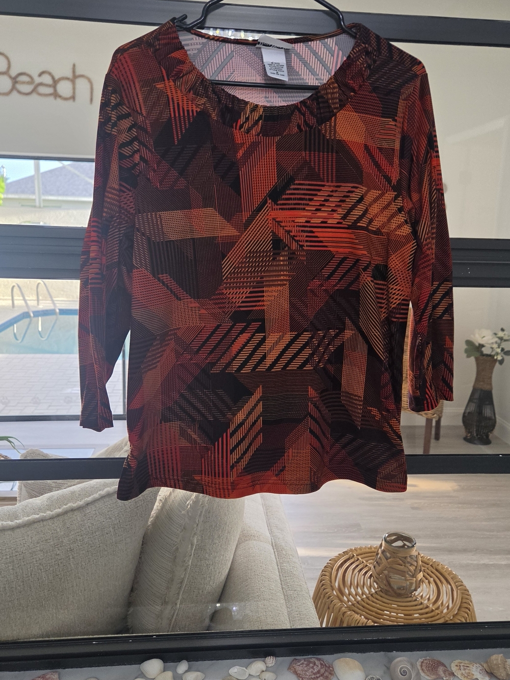Bon Worth Abstract Geo Print Long Sleeve Top - Orange, Red & Black